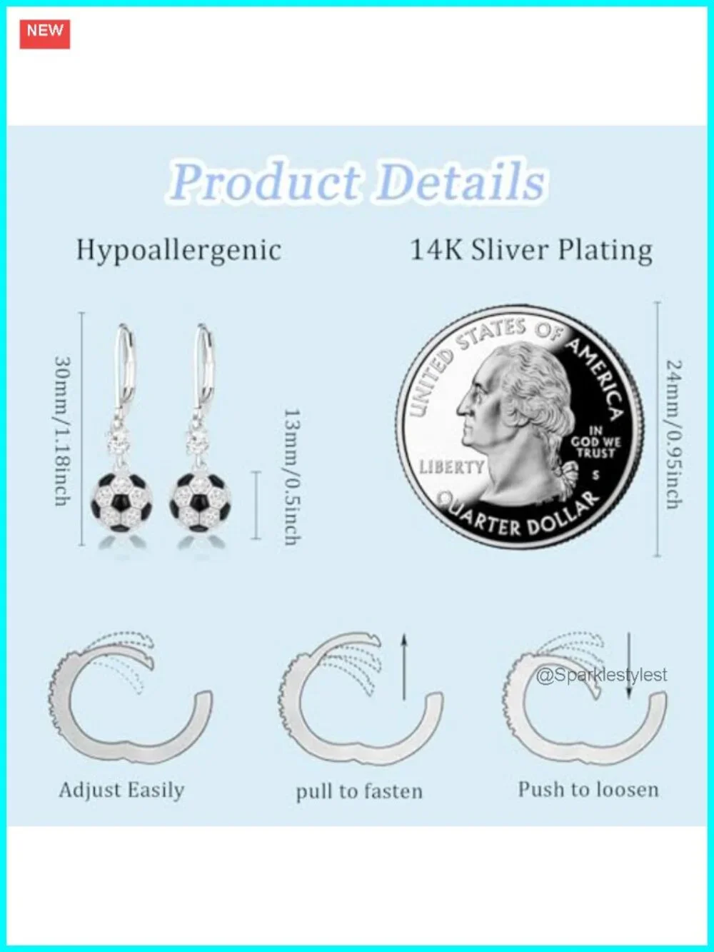 Soccer Drop Dangle Earrings Hypoallergenic Brass Cubic Zirconia Game Day
